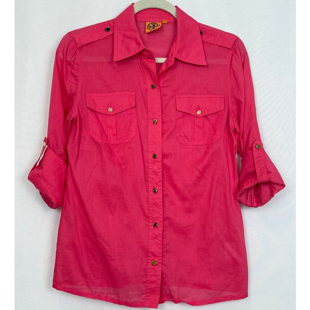 Tory Burch Size 4 Pink Cotton Shirt Gold Buttons Epaulette Roll Tab Sleeve